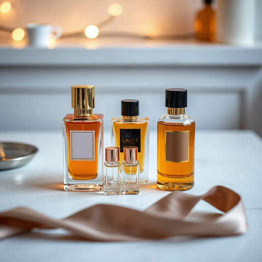 Elegant luxury perfume bottles on a vanity table with warm, soft lighting and satin accents