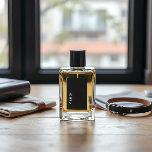Men’s eau de toilette bottle on a wooden desk with soft light and minimal grooming accessories