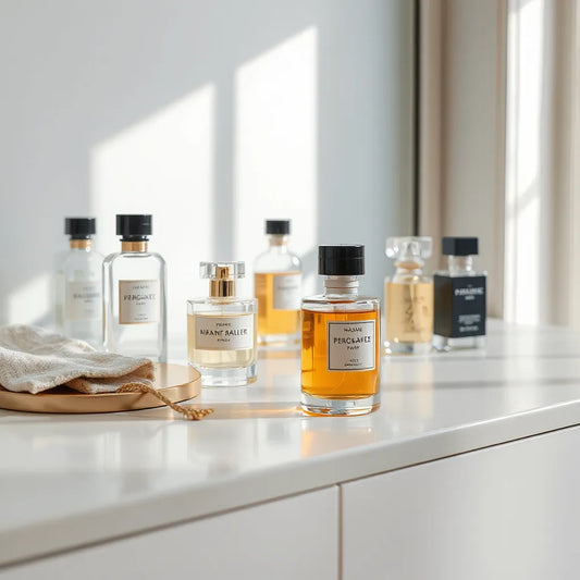 Assorted luxury perfume bottles on a minimalist vanity under soft natural light