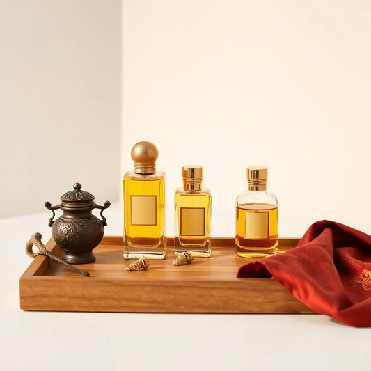 Elegant perfume bottles with warm amber tones on a wooden tray with soft golden lighting and fabric accents