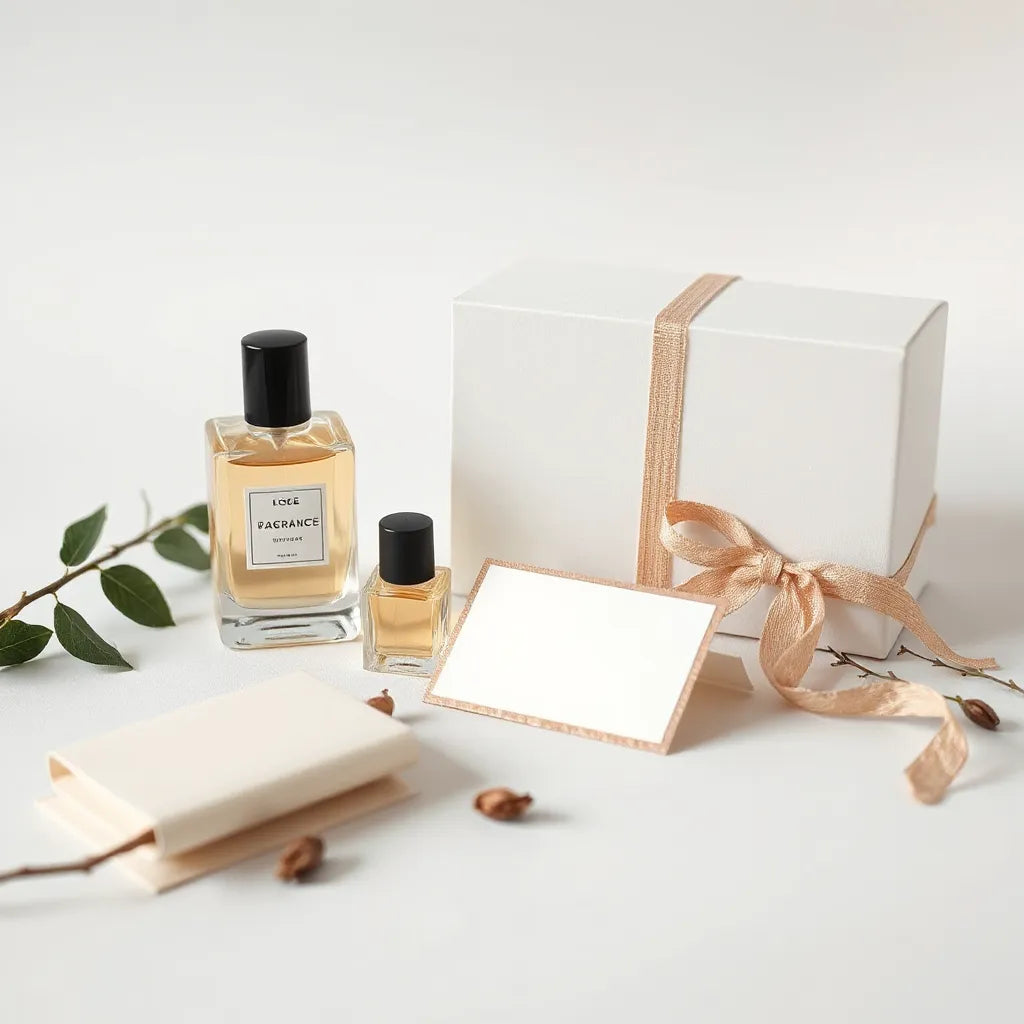 Coordinated perfume bottles and a minimalist gift box with ribbon on a clean light background