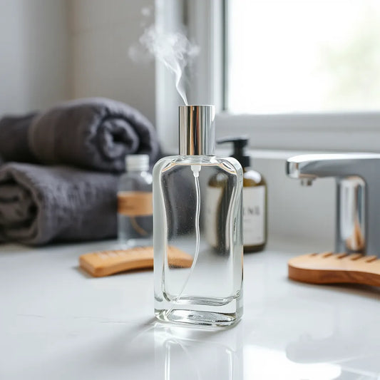 Glass cologne bottle on a clean vanity with soft light and a subtle mist from the sprayer