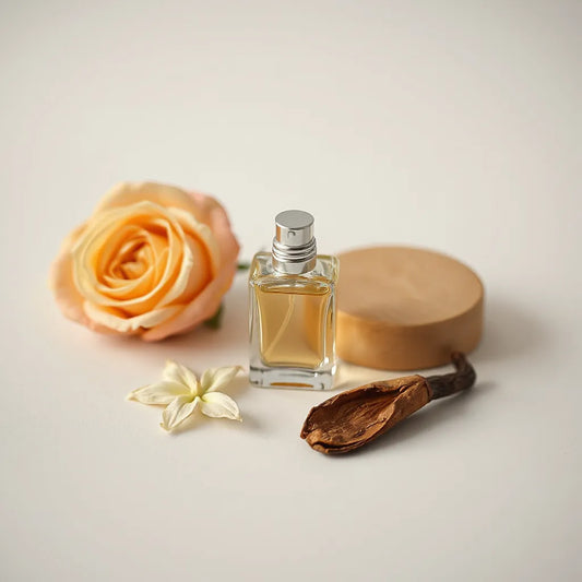 Elegant perfume bottle with rose petals and warm scent ingredients on a neutral background
