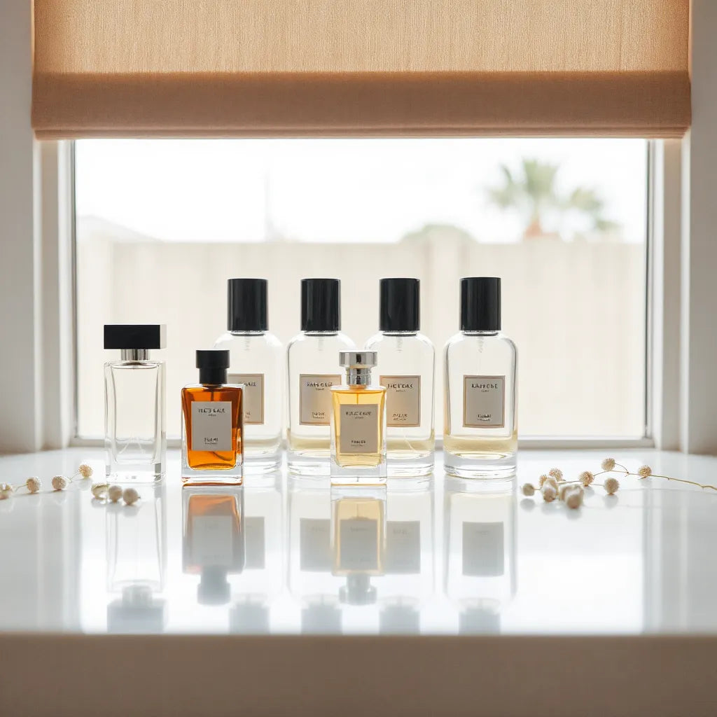 Elegant perfume bottles arranged on a minimal vanity under soft natural light