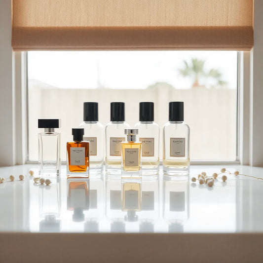 Elegant perfume bottles arranged on a minimal vanity under soft natural light