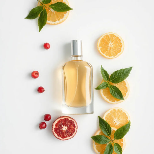 Perfume bottle with sliced citrus and berries on a clean light background