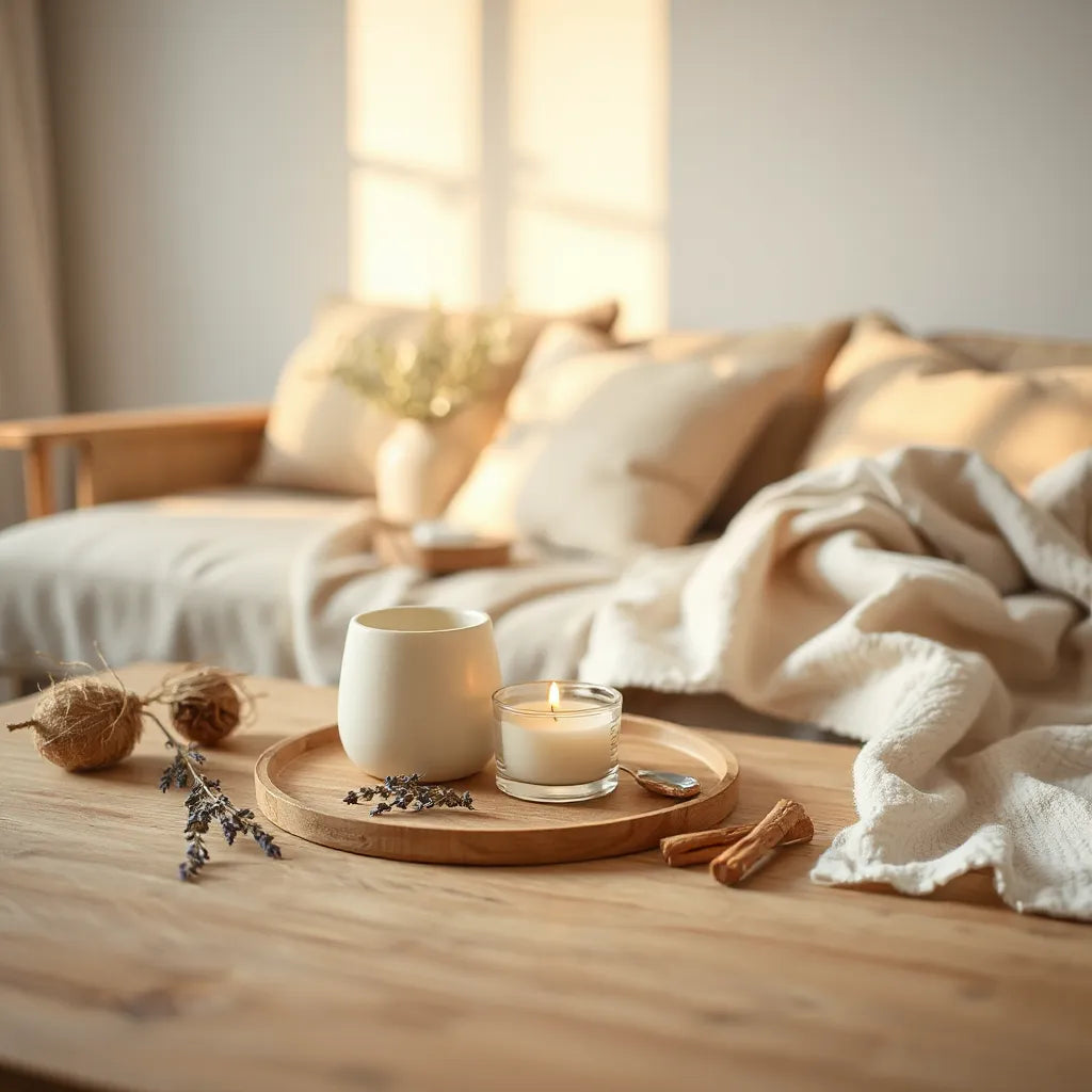 Warm glowing scented candle on a living room table beside a cozy throw and dried botanicals