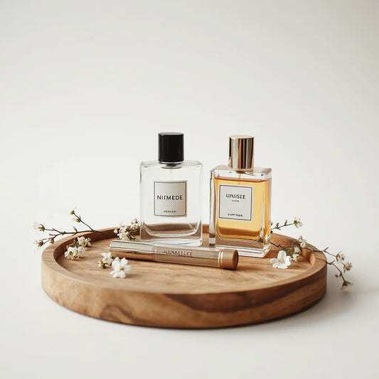 Minimal still life of unisex perfume bottles with soft floral accents on a light neutral background