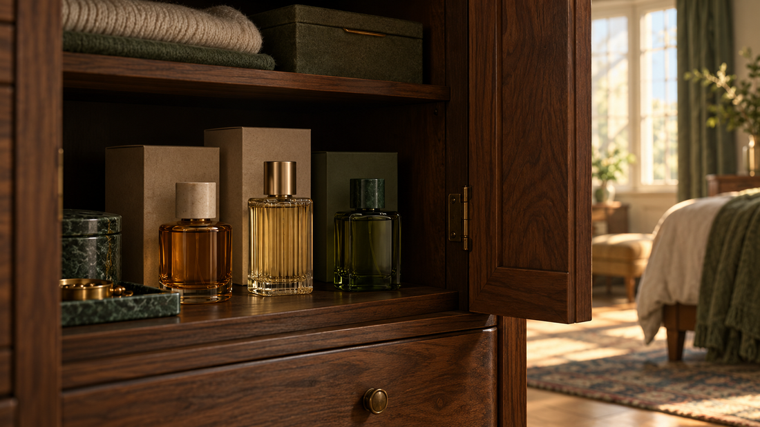 Unbranded perfume bottles standing upright with their boxes inside a shaded bedroom cabinet.