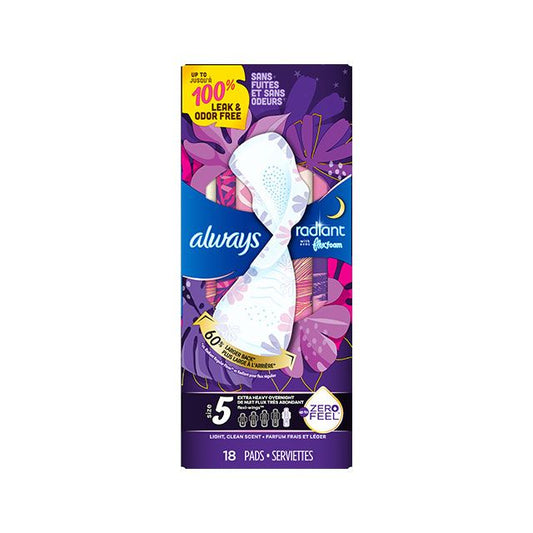 Always Radiant FlexFoam Pads, Size 5 Extra Heavy Overnight 3 Packs of 18 Feminine Pads & Protectors Pasteur Pharmacy