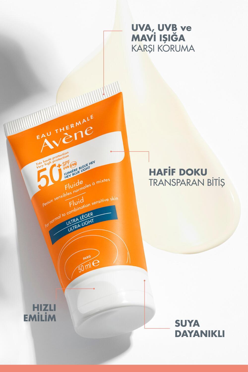 Avene Fluide SPF 50+ Sunscreen for Normal/Combination Skin - Lightweight, Non-Greasy, UVA/UVB/Blue Light Protection