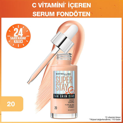 Base de maquillaje Maybelline Super Stay Skin Tint: Vitamina C, 24H de duración, hidratante, iluminadora - Tinte de piel con acabado natural