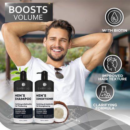 Mens Shampoo and Conditioner Set Sulfate Free and Clarifying For Men with Oily to Normal Hair Moisturizing and Thickening Biotin Keratin Tea Tree Oil Caffeine and Peppermint for Dandruff