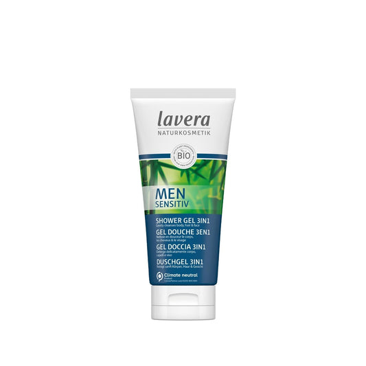 Lavera Men Sensitiv : Gel douche bio 3-en-1 pour peau sensible - Soin lavant naturel pour le corps, les cheveux et le visage - Simplifiez votre routine.