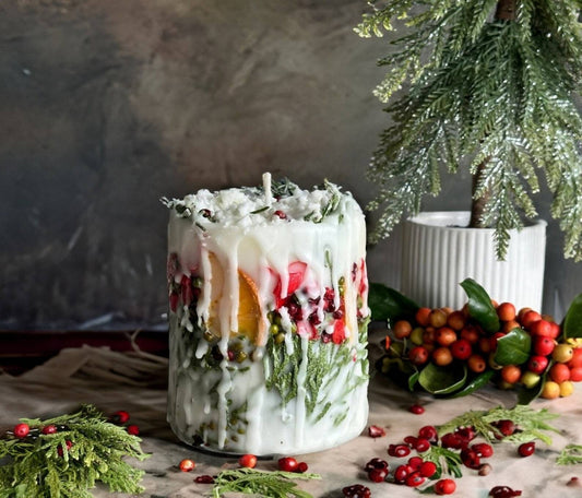 Christmas Candle: Rustic Holiday Decor with fir sprigs, orange and spices Christmas Decoration Fragrant Nest
