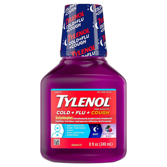 Tylenol Cold + Flu + Cough Night Wild Berry Burst Liquid For Adults, 8 Fl Oz Medicine & Drugs Pasteur Pharmacy