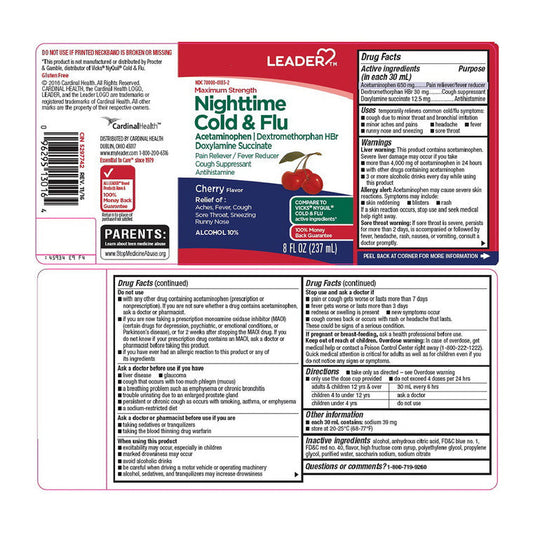 Perrigo Leader Night-Time Cold & Flu Liquid Cherry 8oz Medicine & Drugs Pasteur Pharmacy