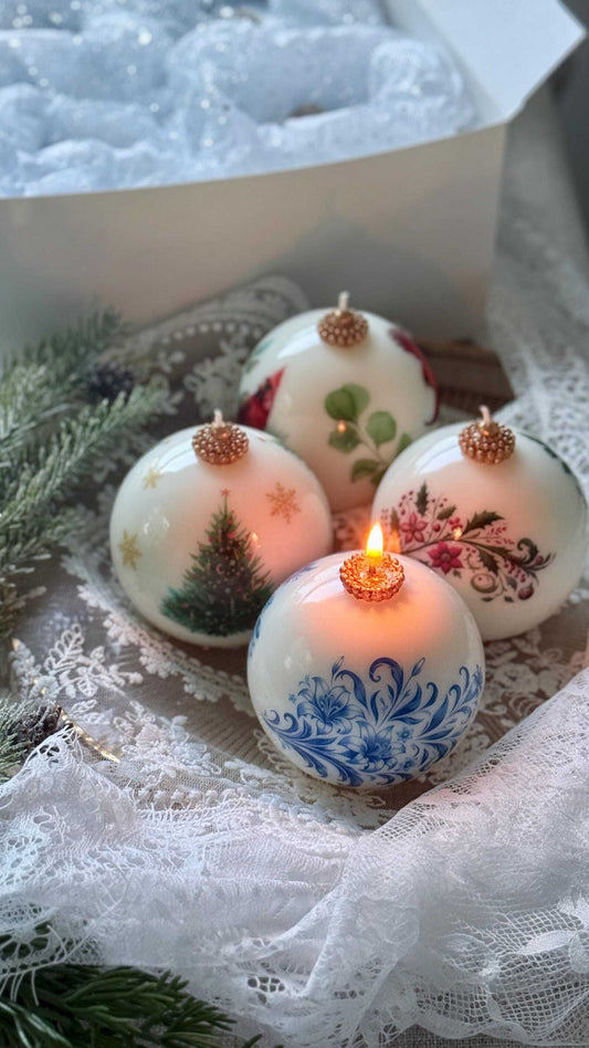 Christmas Candle Gift Set: Vintage style Gzhel, Cardinal, Tree - Holiday Poinsettia Gift for Hostess Christmas Decoration Fragrant Nest