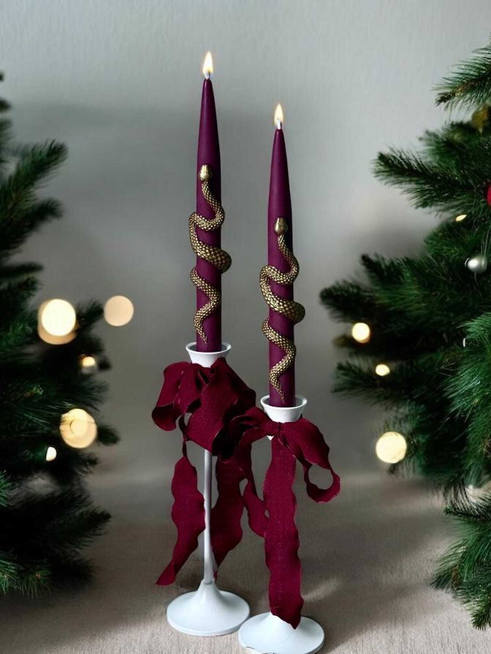 Christmas Taper Candles (Set of 2) with Gold Snake - Gothic Holiday Decor Set Christmas Decoration Fragrant Nest