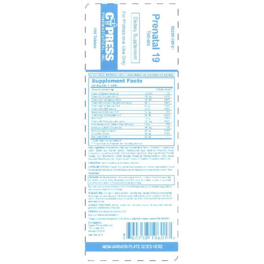 Cypress Pharmaceutical Prenatal 19 Cpl 100 By Pharma Medicine & Drugs Pasteur Pharmacy