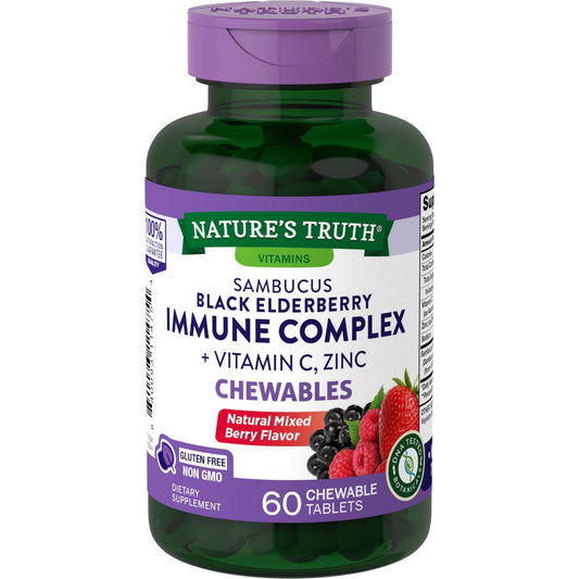 Nature's Truth Sambucus Black Elderberry Immune Complex Plus Vitamin C & Zinc, Natural Mixed Berry, 60 Chewable Tablets Vitamins & Supplements Pasteur Pharmacy