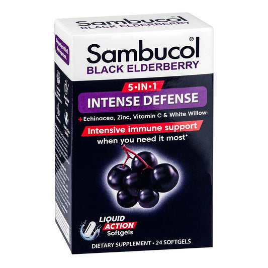 Sambucol 5-In-1 Intense Defense + Echinacea, Zinc, Vitamin C & White Willow, Black Elderberry, 24 Softgels Vitamins & Supplements Pasteur Pharmacy