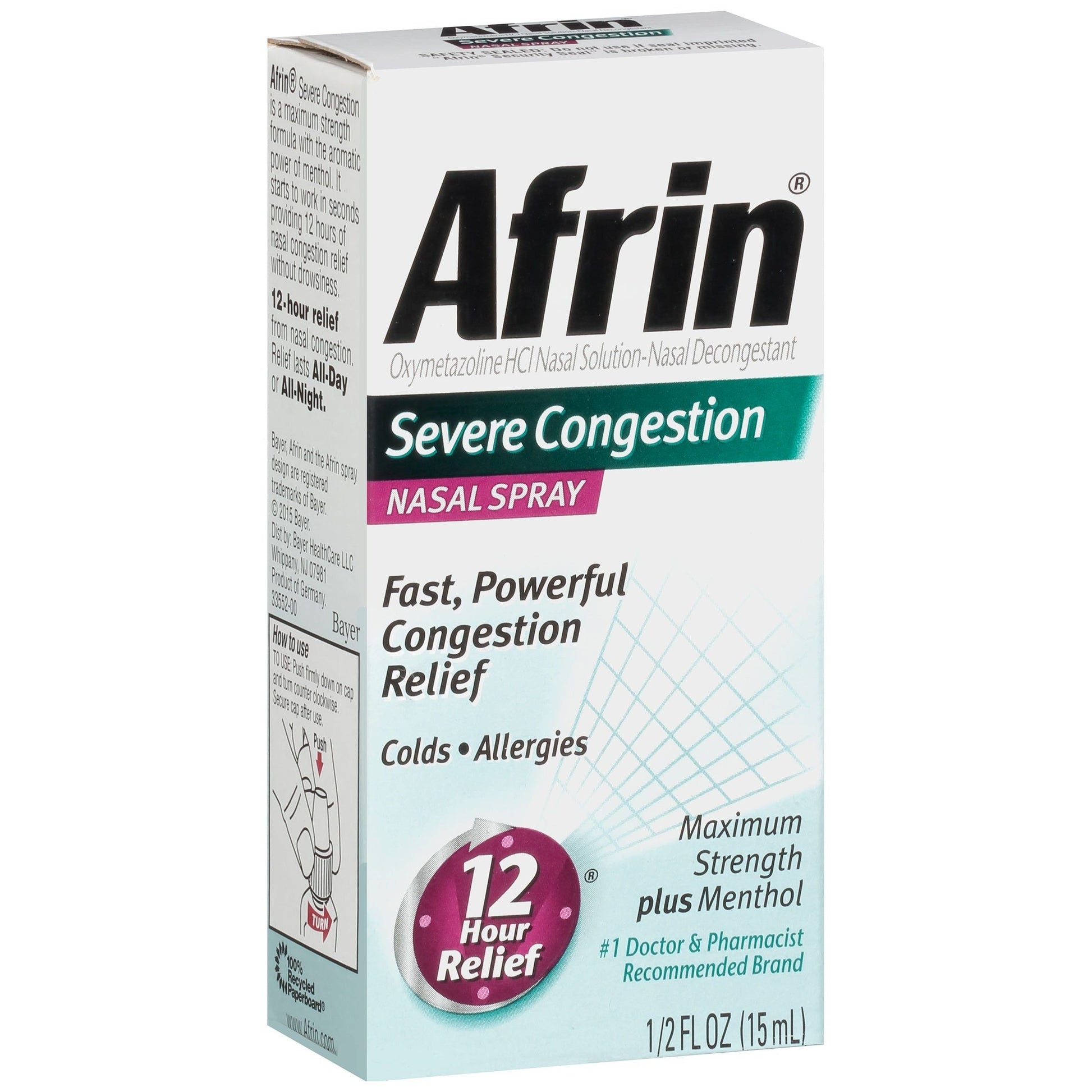 Afrin Severe Congestion Nasal Spray with Menthol, 0.5 fl oz – 12 Hour Targeted Relief Respiratory Care Pasteur Pharmacy