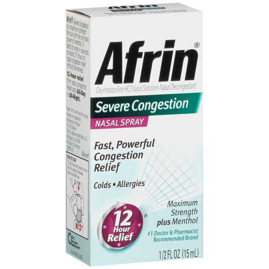 Afrin Severe Congestion Nasal Spray with Menthol, 0.5 fl oz – 12 Hour Targeted Relief Respiratory Care Pasteur Pharmacy