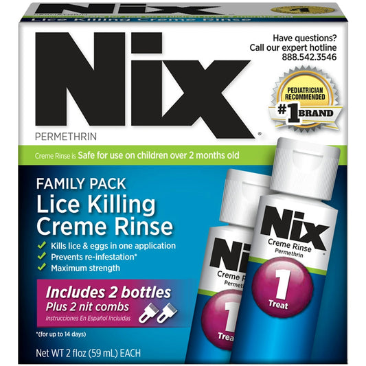 Nix Lice Killing Creme Rinse Family Pack, 2 Bottles (2 fl oz each) with Nit Combs Hair Care Pasteur Pharmacy