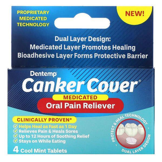 Dentemp Canker Cover, Medicated Oral Pain Reliever, 4 Cool Mint Tablets Toothbrush Covers Pasteur Pharmacy