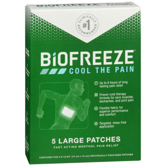 Biofreeze Pain Relief Patch - Large - 5 Count - 5% Menthol Cooling Formula Heating Pads Pasteur Pharmacy