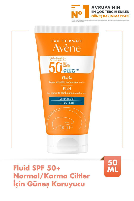 Avene Fluide SPF 50+ Sunscreen for Normal/Combination Skin - Lightweight, Non-Greasy, UVA/UVB/Blue Light Protection