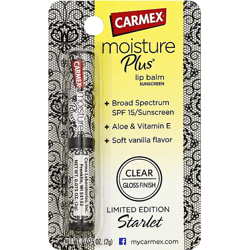 Baume à lèvres Carmex Moisture Plus, large spectre, FPS 15/écran solaire, fini brillant transparent, saveur douce vanille