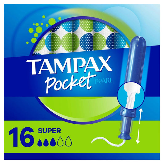 Tampax Pocket Pearl Compact Tampons Super Absorbency With BPA-Free Plastic Applicator And LeakGuard Braid, Unscented Tampons Pasteur Pharmacy
