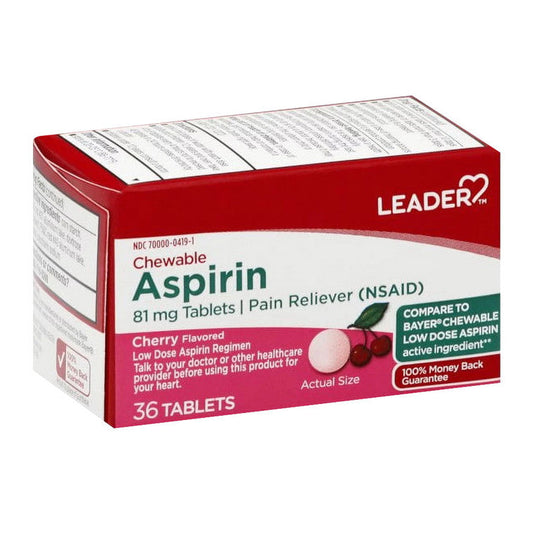 Perrigo Leader, Aspirin, 81 Mg, Chewable, Tablets, Cherry Flavored Medicine & Drugs Pasteur Pharmacy