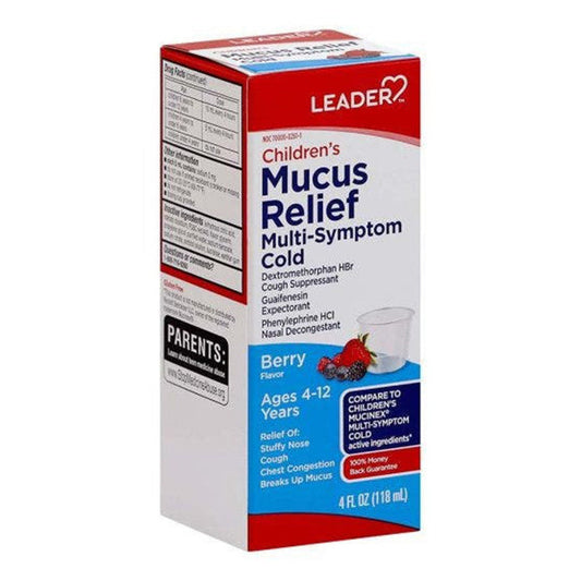 Leader Health Care Childrens Liquid Mucus Relief Multi Symptom Cold, 4 Oz Medicine Cabinets Pasteur Pharmacy