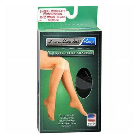 Loving Comfort Fashion Knee High Stockings – Sheer Moderate Compression (Black, Medium) Personal Care Pasteur Pharmacy