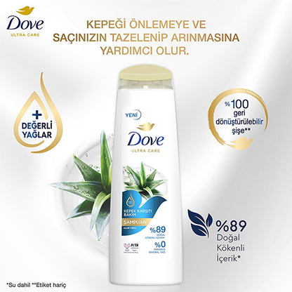 Shampoing antipelliculaire Dove Ultra Care Aloe Vera : Apaisez les cuirs chevelus secs et irrités et éliminez les pellicules grâce à l'huile d'arbre à thé naturelle - Végétalien et sans parabène