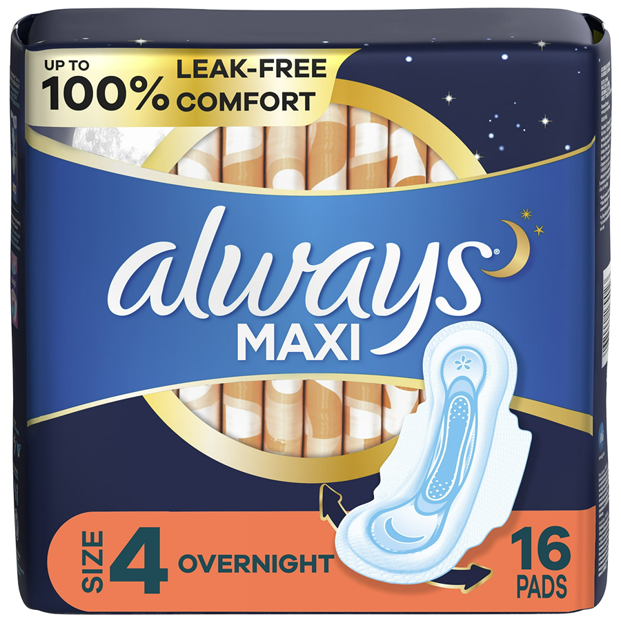 Always Maxi Overnight Pads With Wings, Size 4, 16 Feminine Pads & Protectors Pasteur Pharmacy