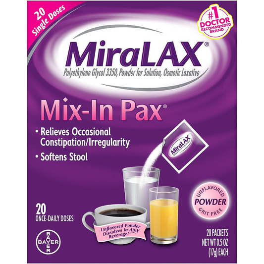 MiraLAX Unflavored Powder Single Doses Mix-in Pax 20-0.5 Oz Packets Health & Beauty Pasteur Pharmacy