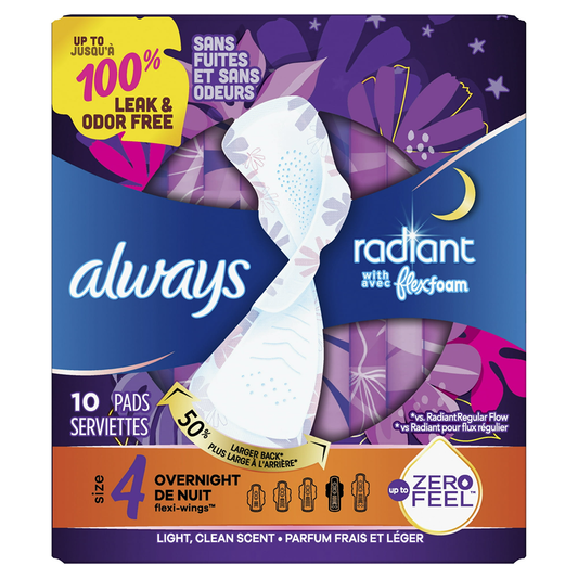 Always Radiant Pads, With Flex Foam, Overnight, Light, Clean Scent, Size 4 Personal Care Pasteur Pharmacy