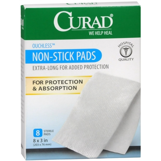 Curad Non-Stick Sterile Pads, Ouchless Wound Protection – 3" x 8", 8 Count First Aid Pasteur Pharmacy