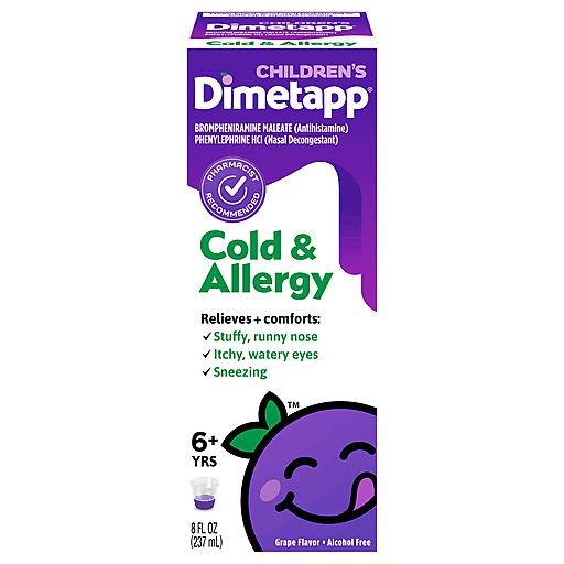 Dimetapp Cold & Allergy, Grape Flavor, Alcohol Free 8 Fl Oz Medicine Cabinets Pasteur Pharmacy