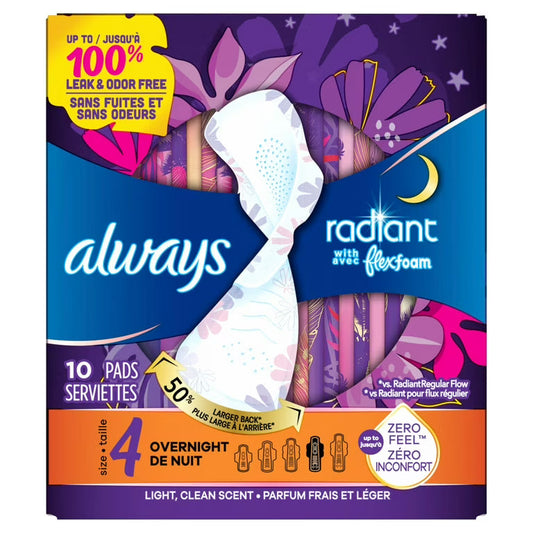 Always Radiant Size 4 Overnight FlexFoam Pads with Wings 10 Count Feminine Pads & Protectors Pasteur Pharmacy