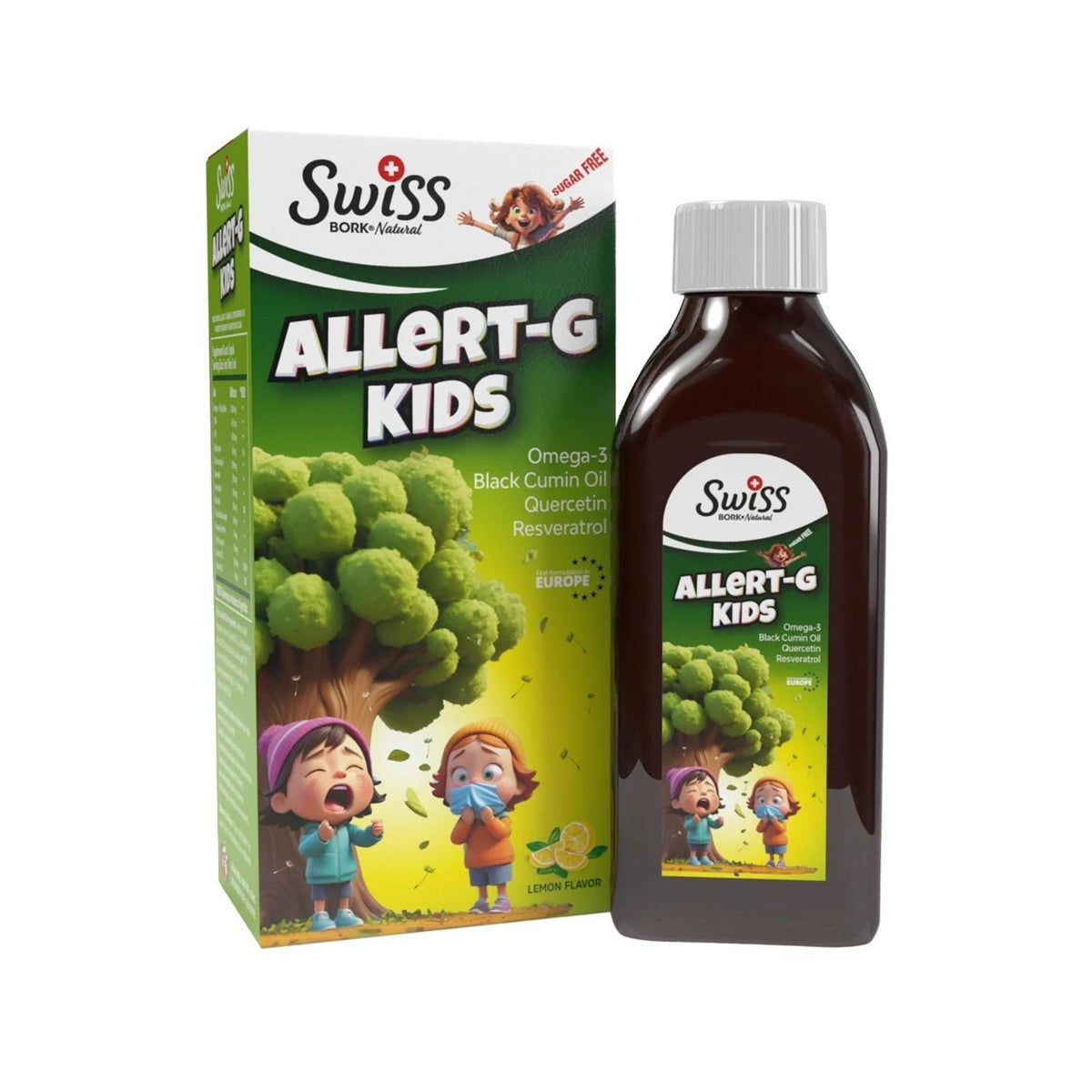 Swiss Bork Allert-G Kids: Natural Allergy Relief & Immune Support - Omega-3, Resveratrol, & Quercetin Liquid Vitamin Supplement for Children