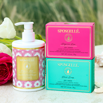 Set de exfoliante para pies y loción corporal de pasto de playa y rosa búlgara