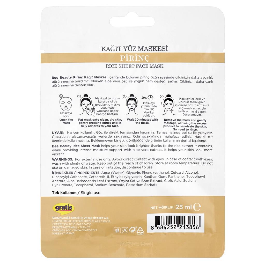 Masque visage au riz Bee Beauty pour l'éclat et la luminosité 25 ml