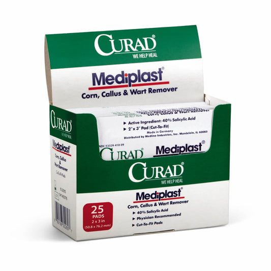 Curad Mediplast Corn, Callus & Wart Remover Pads – 40% Salicylic Acid, Cut-to-Fit, 2" x 3", 25 Count Corn & Callus Care Supplies Pasteur Pharmacy