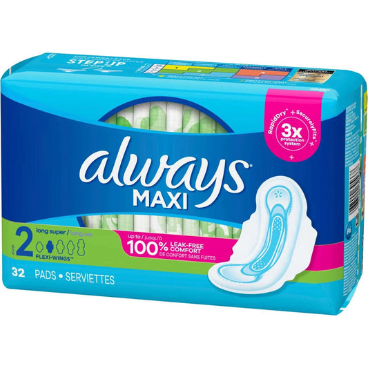 Always Maxi Pads with Wings, Size 2 Super Long, Unscented, 32 Count Feminine Pads & Protectors Pasteur Pharmacy