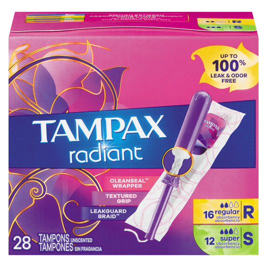Tampax Radiant Tampons Duo Pack - Light/Regular Absorbency, LeakGuard Braid, Unscented Tampons Pasteur Pharmacy